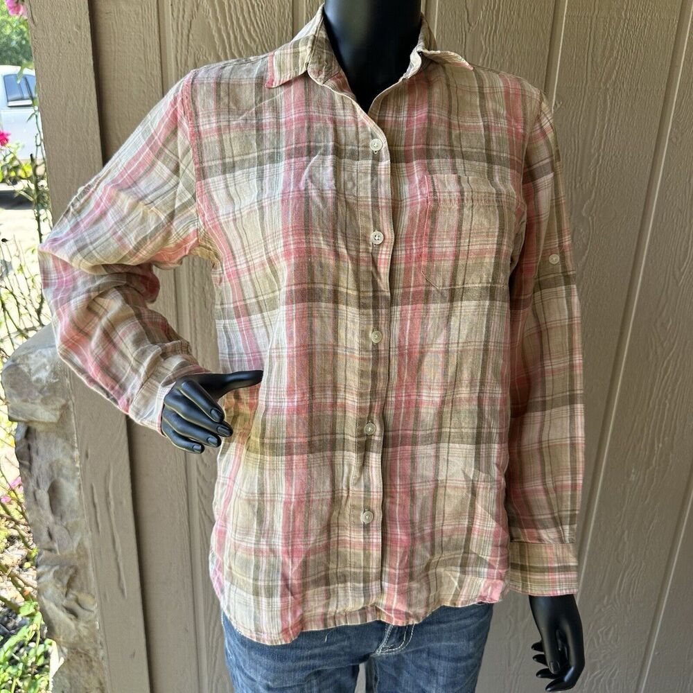 Lauren Ralph Lauren Womens‎ Shirt M 100% Linen Button Up Plaid Beach Roll Tab